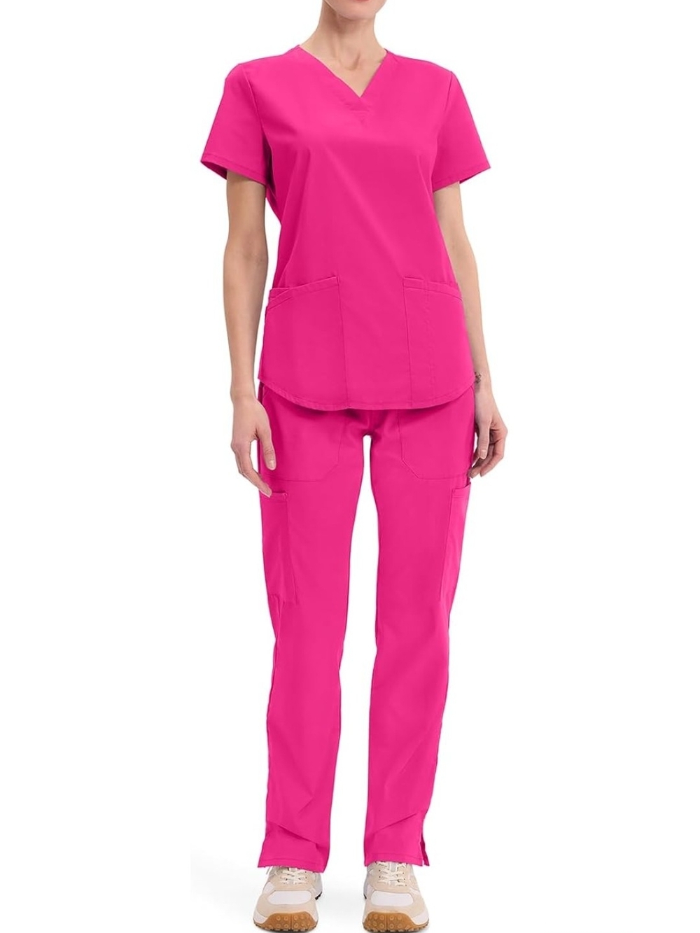 Women's V-Neck Cherokee Scrub Set - Hot Pink Bonus Extra Top.